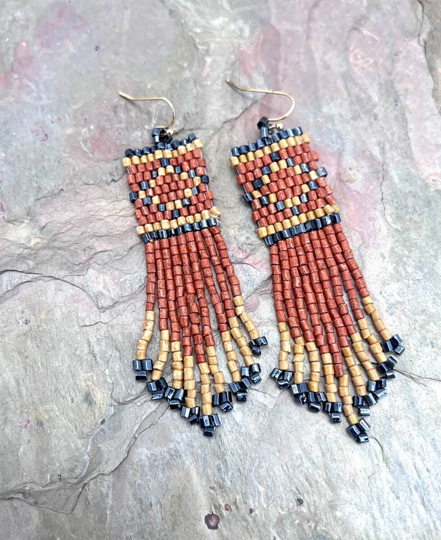 Sunstone Fringe Earring in Rust - Seed Bead Fring Earrings | Hippie Earrings