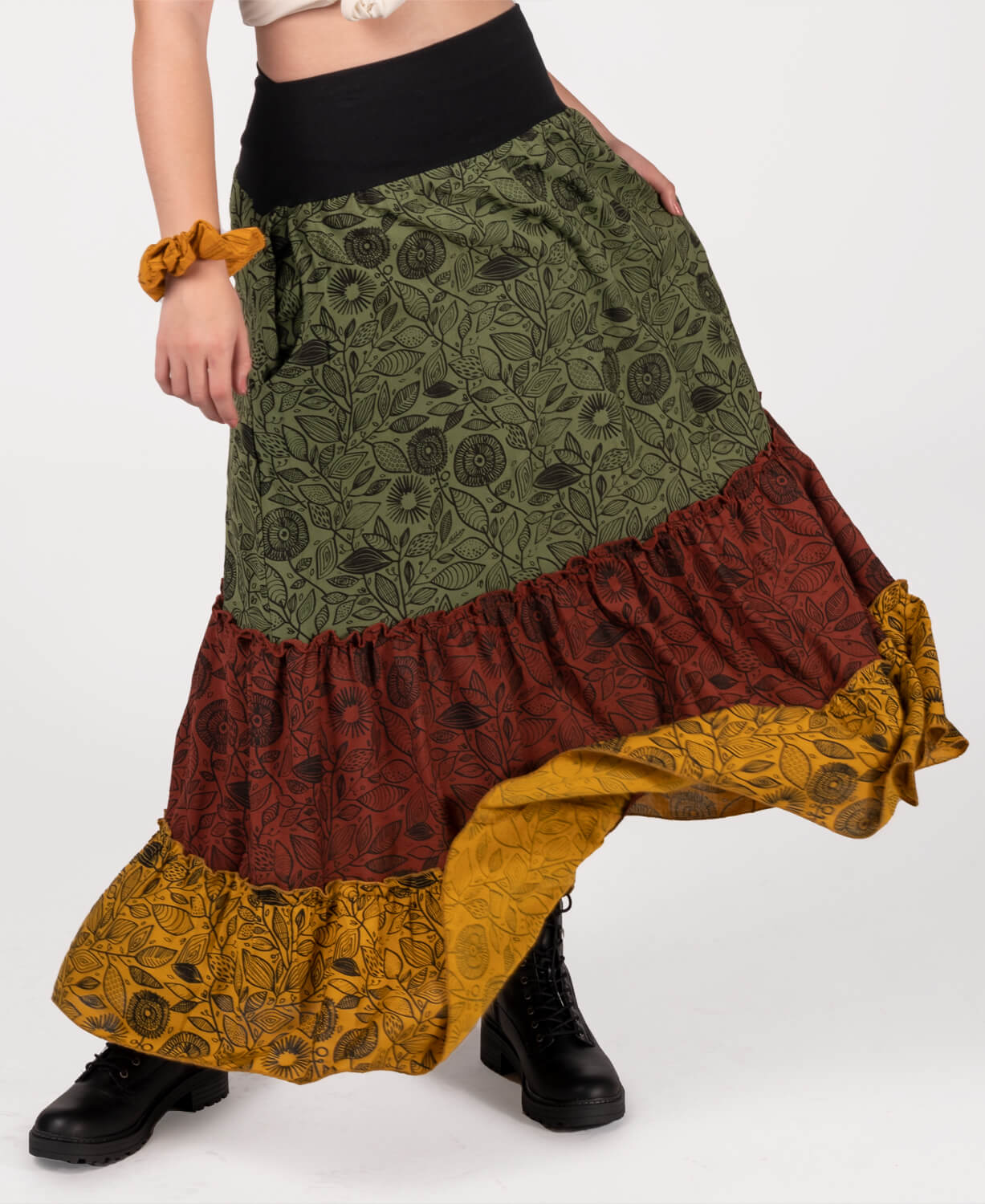 Green Three Tier Hippie Maxi Skirt | Hippie Skirts | Soul Flower