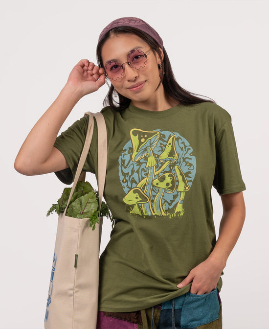 Closeout! Psychedelic Mushrooms Organic T-Shirt - Unisex - Psychedelic Mushrooms T-Shirt | Mushroom Tee | Soul Flower Women