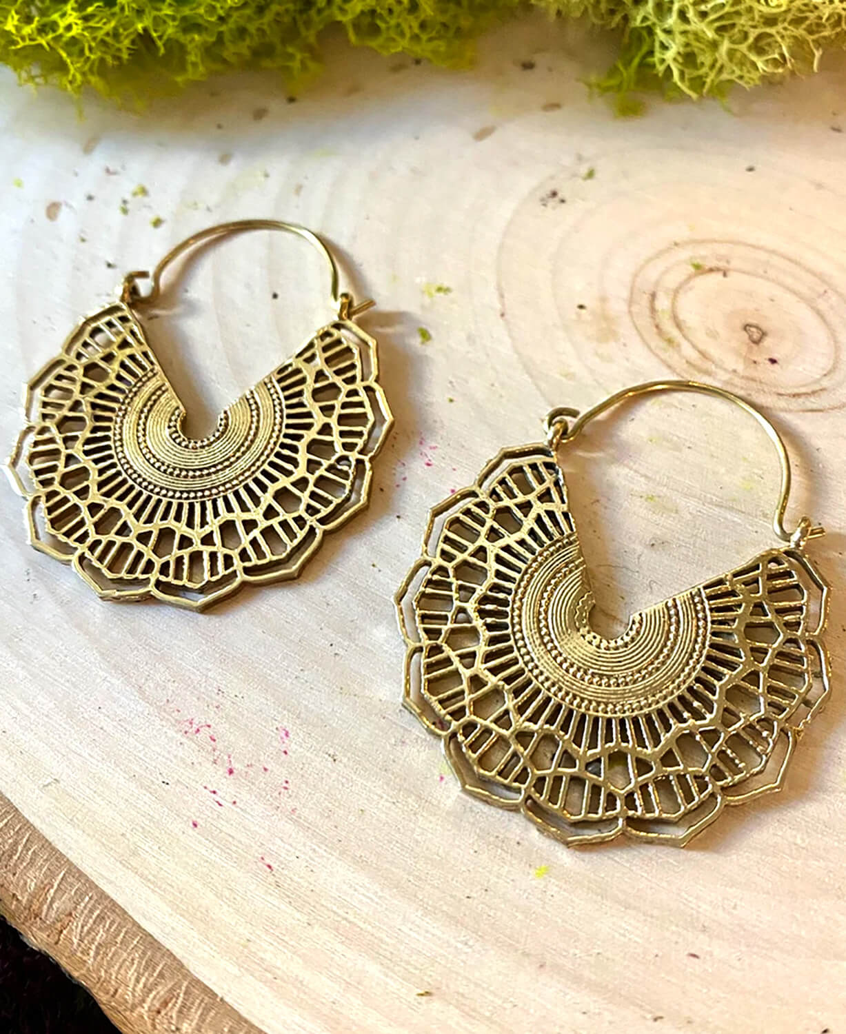 Mandala Boho Hoop Earrings in Brass