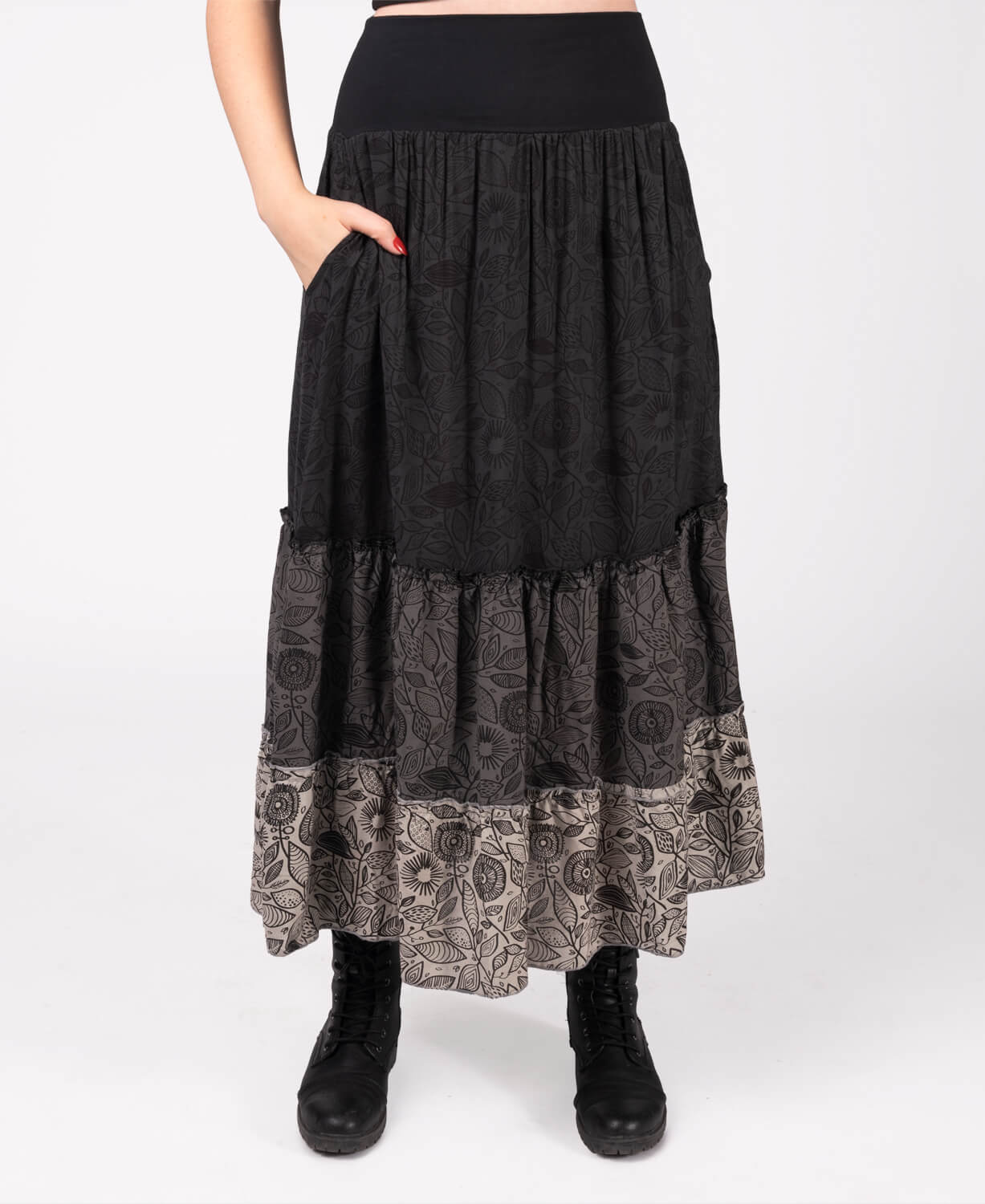 Three Tier Viscose Maxi Skirt with Pockets  - Black