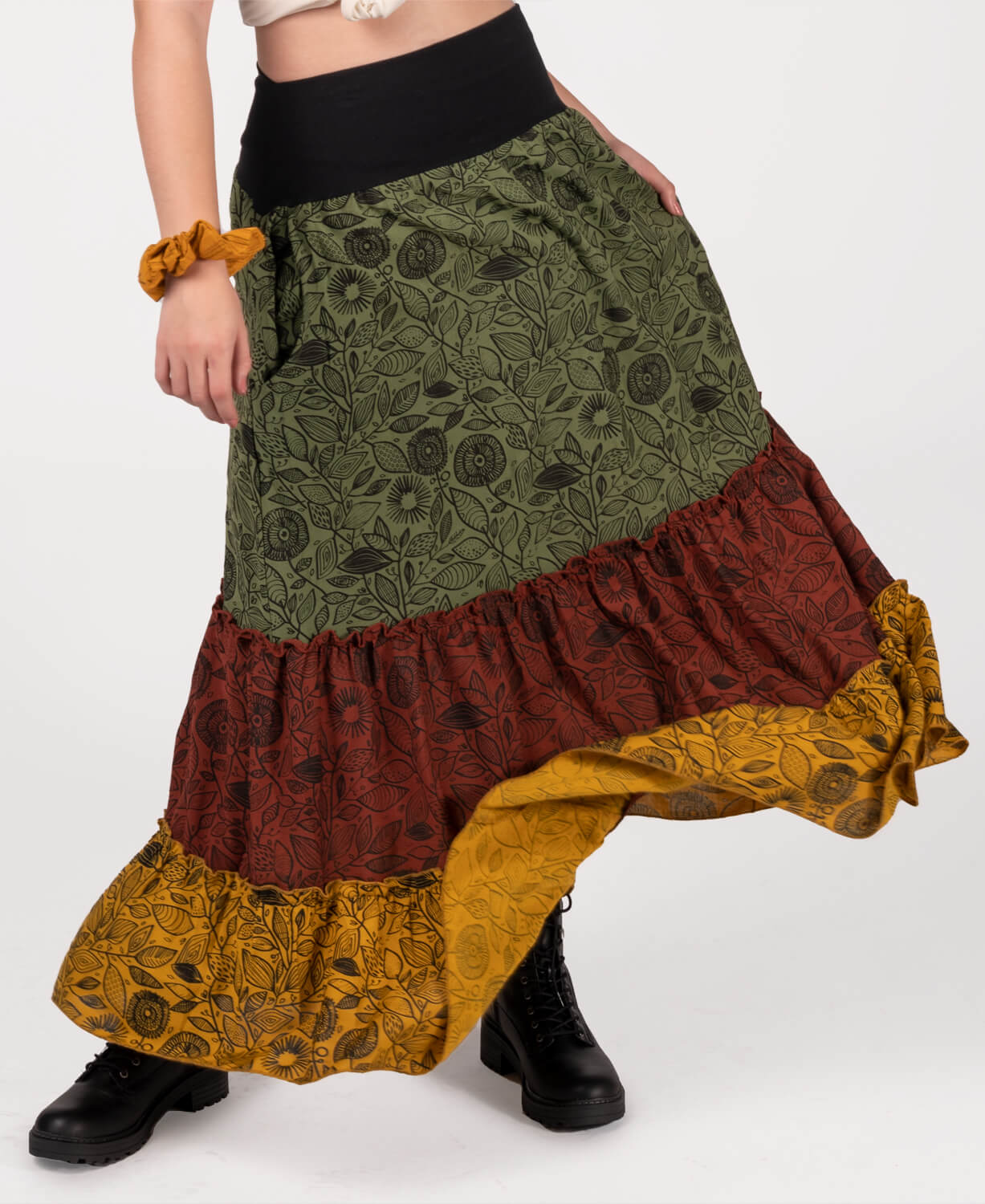 Three Tier Viscose Maxi Skirt with Pockets  - Green