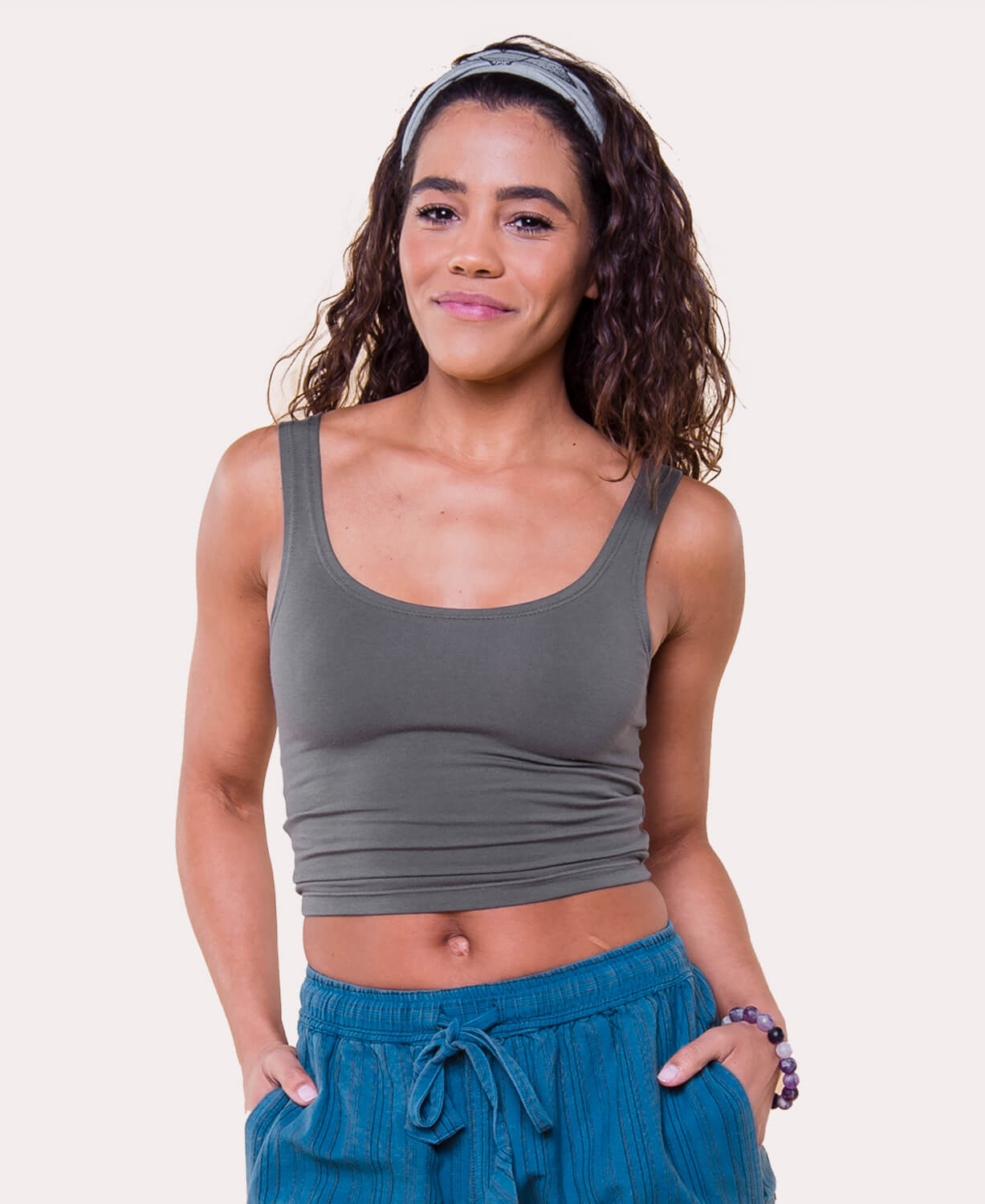 Closeout! Organic Cotton Fitted Cropped Tank Top - Charcoal