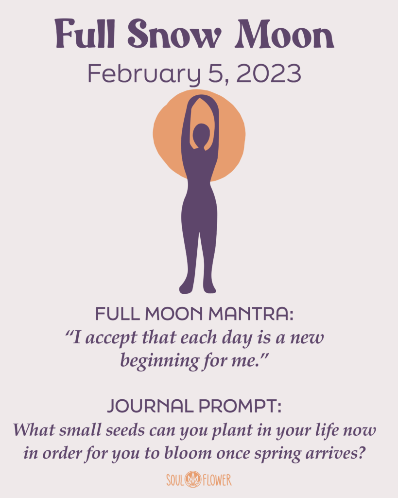 Full Snow Moon graphic with a Full Moon Mantra and a Journal Prompt