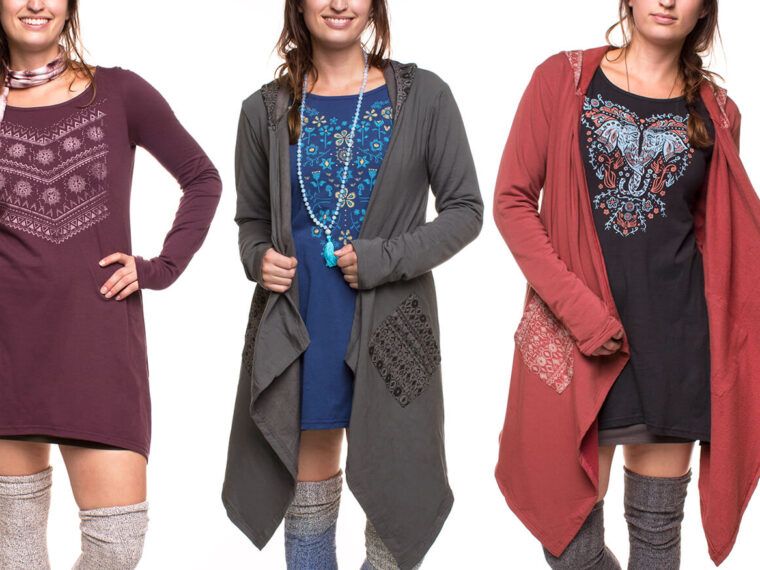 Five women model funky, boho-style outfits with patterned dresses, cardigans, scarves, and knee-high socks against a white background. Soul Flower Blog: Hippie Style & Kind Living