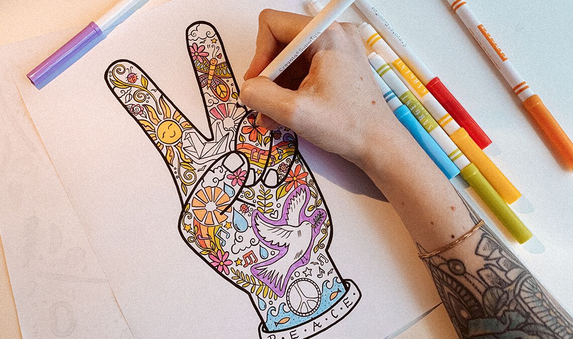 Free Printable Hippie Coloring Page: Peace Fingers on Soul Flower Blog