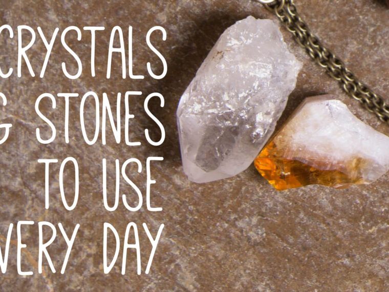 Two crystals and a chain rest on a stone surface, with the text "5 Crystals & Stones to Use Every Day" displayed on the left. Soul Flower Blog: Hippie Style & Kind Living