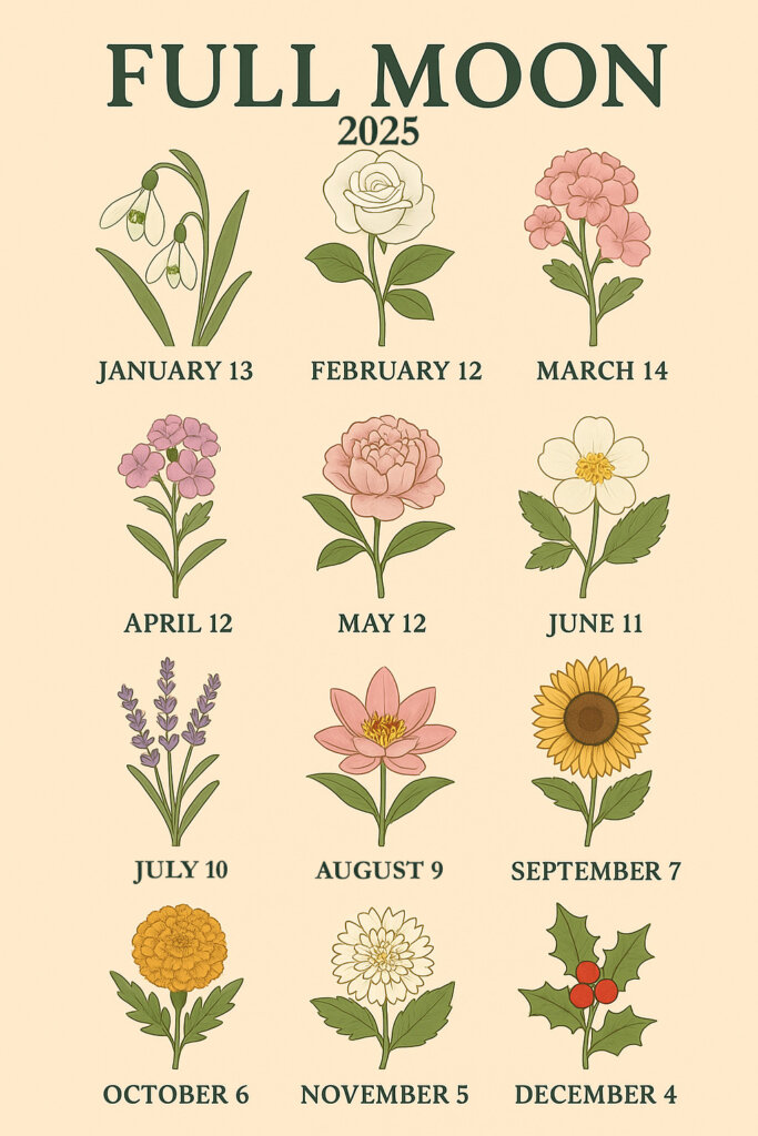 full moon 2025 flowers 683x1024 - 2025 Full Moon Calendar