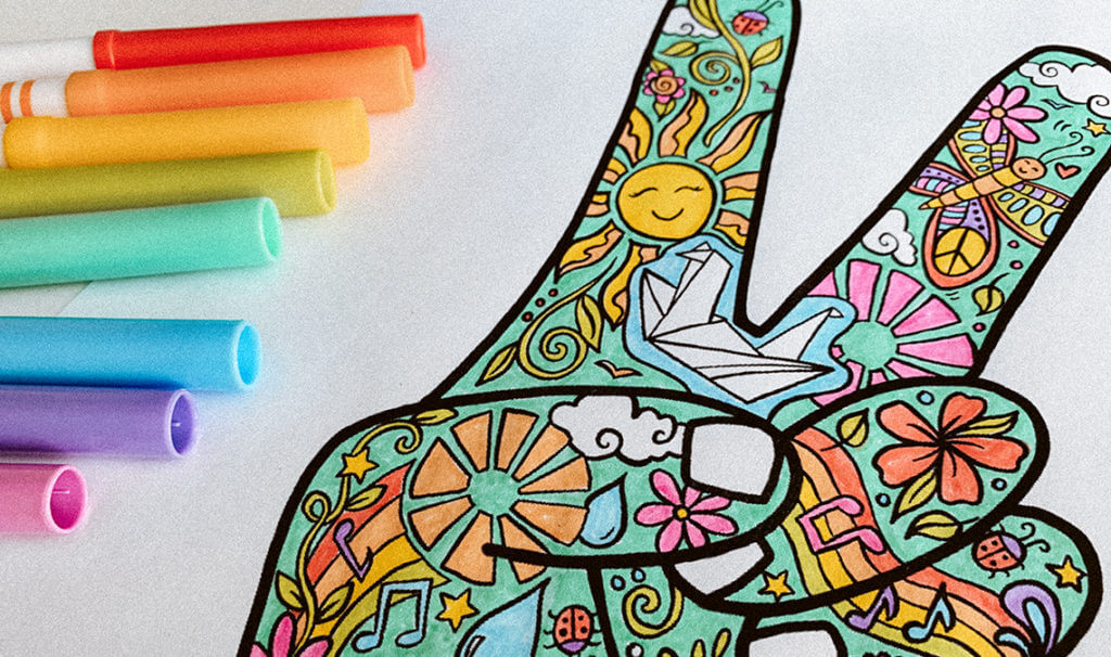 hippie coloring page 1024x606 - Free Printable Coloring Page: Peace Fingers