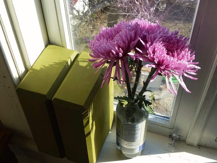 A small bouquet of purple flowers in a glass jar sits on a windowsill next to two green rectangular blocks, catching sunlight—a simple reminder to Tend Your Garden and nurture beauty every day. Soul Flower Blog: Hippie Style & Kind Living