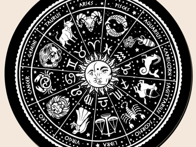 A black and white circular zodiac wheel featuring all twelve astrological signs, each with its symbol and illustration, with a sun and moon face at the center—perfect for any Zodiac Camping Guide: What Vibe Are You? soulflower.com is written at the bottom.