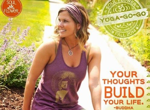 A boho woman in a purple tank top with a Buddha print sits outdoors on a path, smiling. Text reads, Your thoughts build your life. - Buddha and includes Soul Flower and Yoga-Go-Go logos. Soul Flower Blog: Hippie Style &