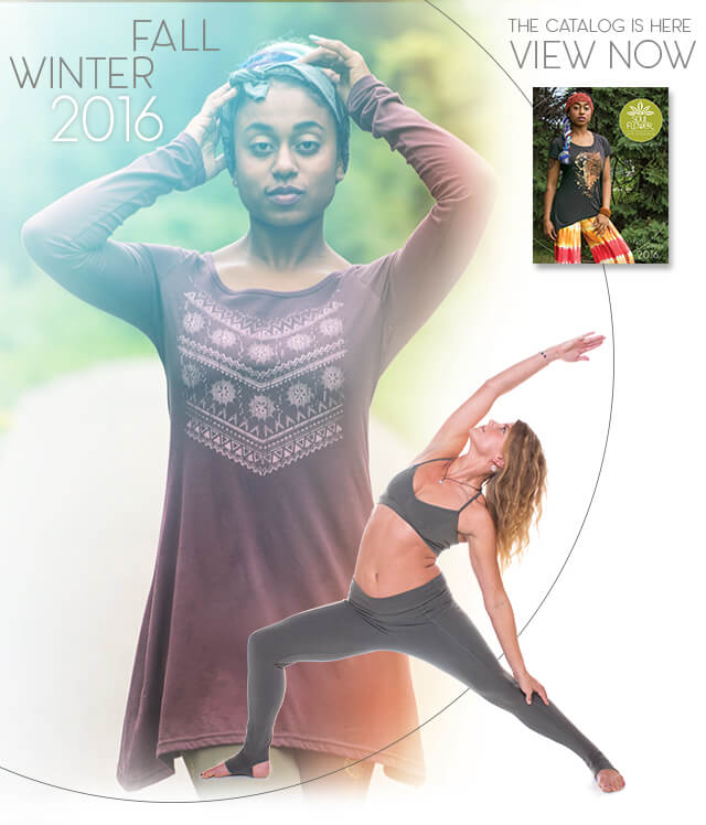 A woman in a long-sleeve boho patterned dress poses outdoors; another strikes a yoga pose in funky activewear; a catalog cover is displayed in the corner with FALL WINTER 2016 text. Soul Flower Blog: Hippie Style & Kind Living