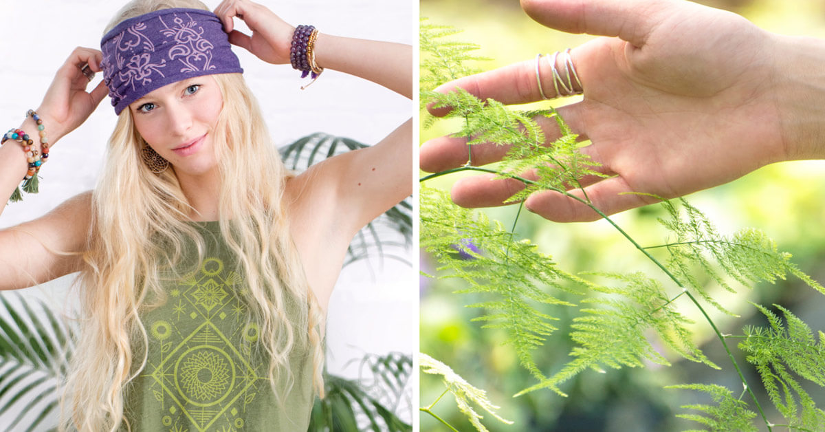 Left: Hippie woman with long blond hair wearing a purple bandana and green tank top. Right: Hand with rings touching delicate green fern leaves, reflecting mindful living and a love for nature. Soul Flower Blog: Hippie Style & Kind Living
