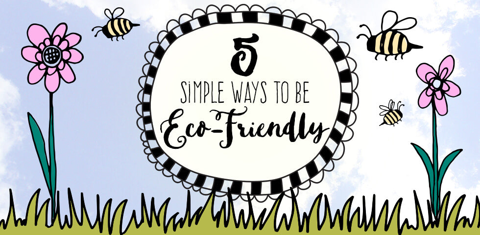 Boho-style illustration with flowers, bees, and grass, featuring the text: 5 simple ways to be eco-friendly in a decorative frame against a blue sky background. Soul Flower Blog: Hippie Style & Kind Living