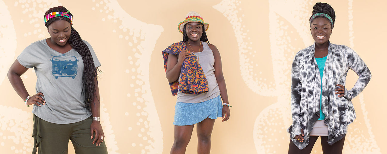 Three women pose against a beige patterned background, each showing off funky, earthy outfits and accessories like headbands, hats, and bold patterned clothing. Soul Flower Blog: Hippie Style & Kind Living