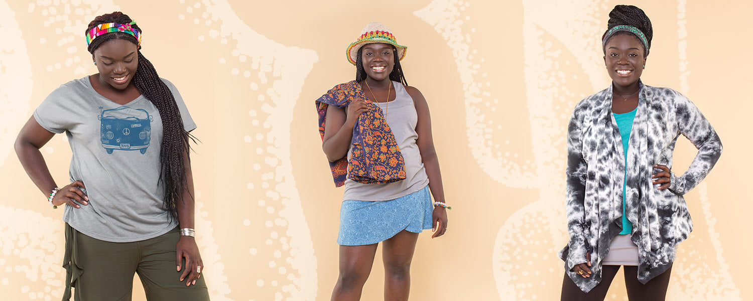 Three women pose against a beige patterned background, each showing off funky, earthy outfits and accessories like headbands, hats, and bold patterned clothing. Soul Flower Blog: Hippie Style & Kind Living