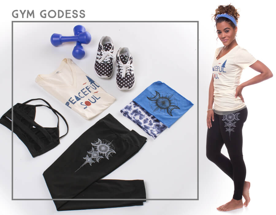 A woman stands beside gym apparel and gear, including funky leggings, a hippie t-shirt, sneakers, a tote bag, dumbbells, a sports bra, and a blue towel, all laid out on a white background. Soul Flower Blog: Hippie Style & Kind Living