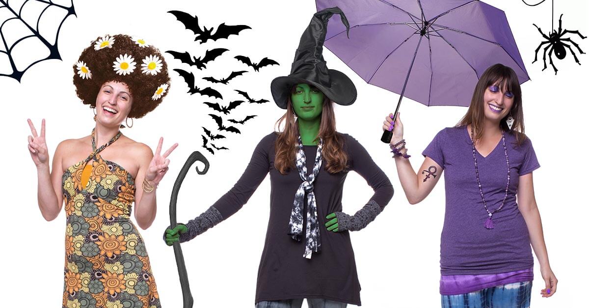 Three women in Halloween costumes pose in front of a white background with spider and bat graphics; one rocks a boho flower child look, one is a green witch, and one channels purple vibes with an umbrella. Soul Flower Blog: Hippie Style & Kind Living