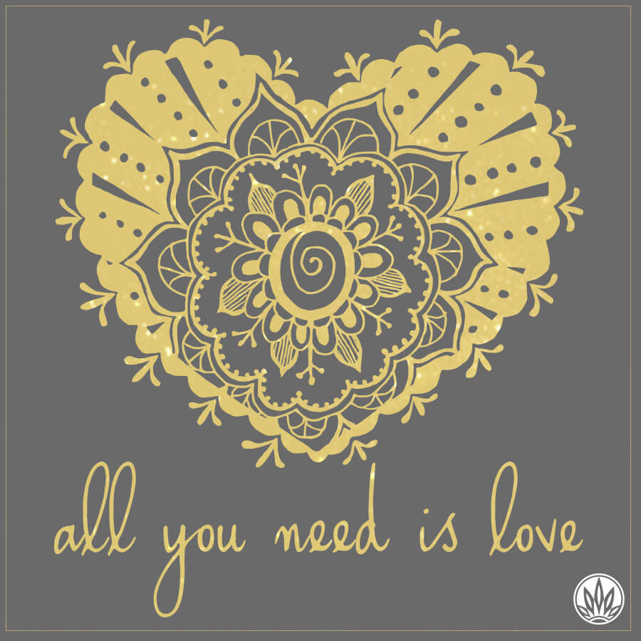 A yellow, ornate heart-shaped mandala with the text all you need is love on a gray background—a perfect touch for boho or mindful living spaces. Soul Flower Blog: Hippie Style & Kind Living