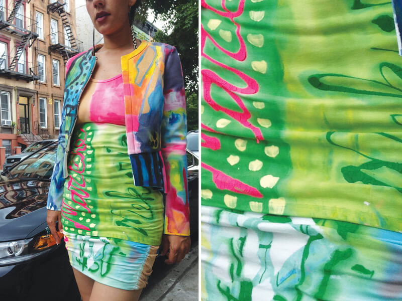 A person wearing a funky, abstract-patterned jacket and skirt set stands on a city sidewalk; a close-up shows the vibrant green and pink details on the skirt. Soul Flower Blog: Hippie Style & Kind Living