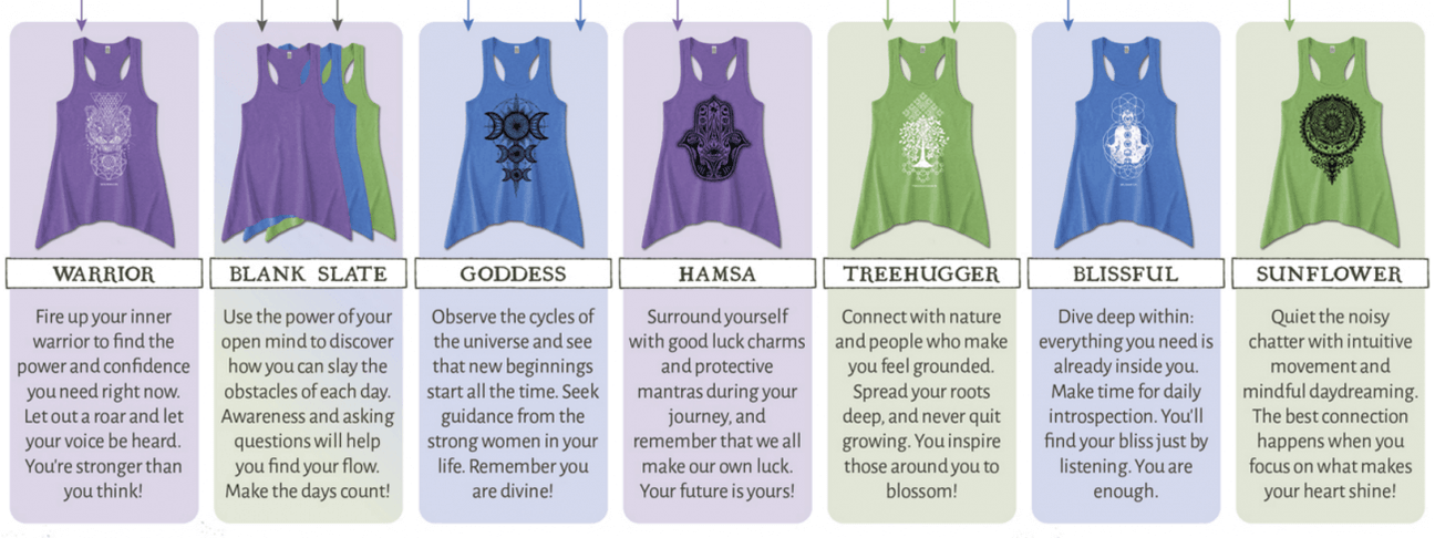 Six sleeveless tank tops in different colors hang side by side, each with a unique symbol and motivational message printed below for a natural boho vibe. Soul Flower Blog: Hippie Style & Kind Living