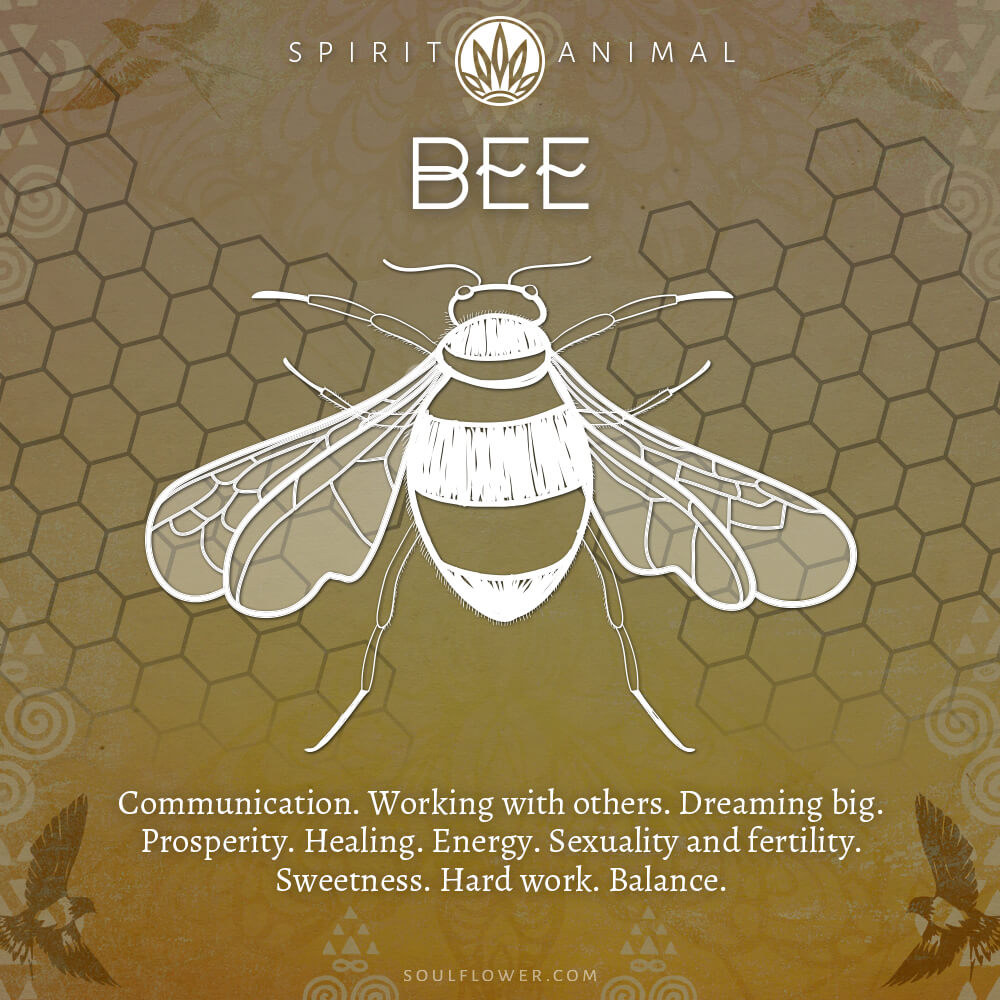 Illustration of a bee with the words Spirit Animal Bee and descriptive traits such as communication, teamwork, prosperity. Soul Flower Blog: Hippie Style & Kind Living