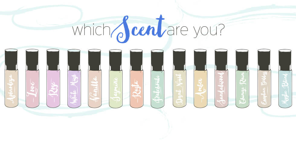 A row of labeled perfume bottles under the text Which Scent are you? featuring boho-inspired scents like Lavender, Vanilla, Jasmine, and earthy Sandalwood. Soul Flower Blog: Hippie Style & Kind Living