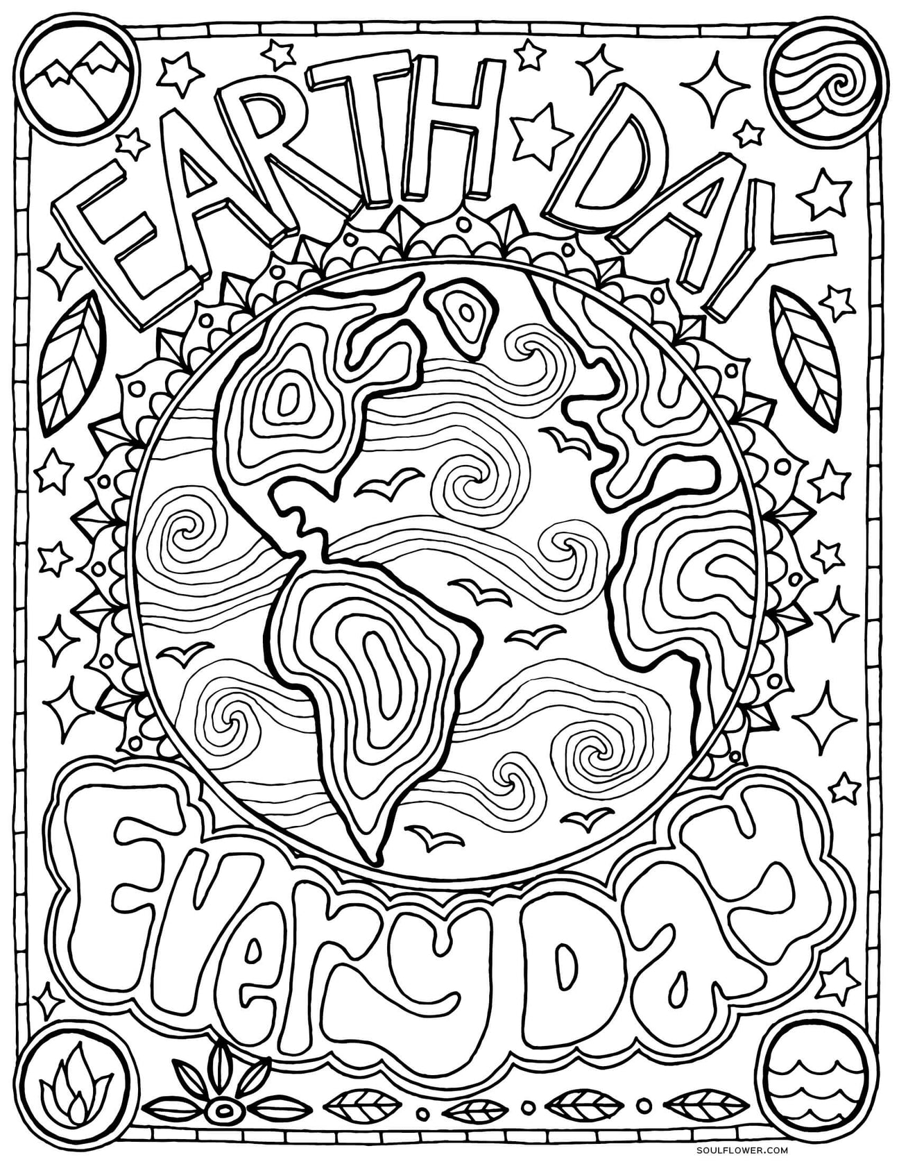 Free Earth Day coloring page featuring a globe, clouds, stars, leaves, and the words Earth Day Everyday in bold letters.