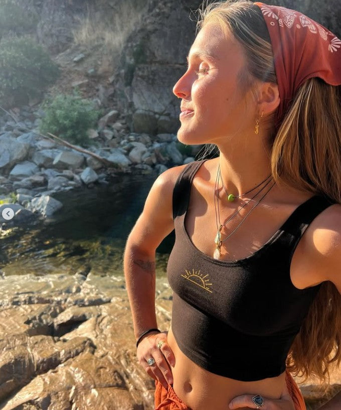Girl in soulflower tank and bandana in yosemite on the Soulflower Blog.
