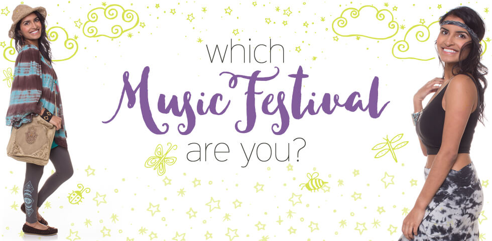 Two women in boho outfits stand on either side of text that reads, Which Music Festival are you? with eco doodles of stars, clouds, and insects in the background. Soul Flower Blog: Hippie Style & Kind Living