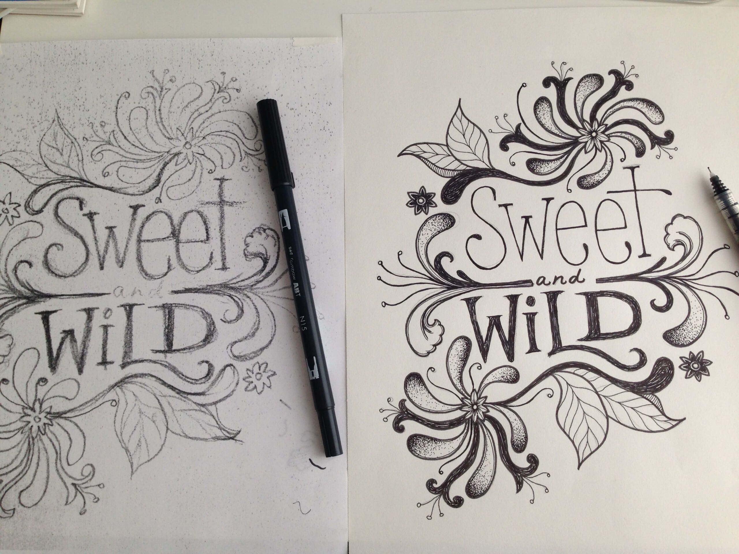 Two sheets of paper show a hand-drawn “Sweet and Wild” floral illustration in pencil and ink, with pens beside each sheet—capturing the artistic process behind the design: Sweet & Wild Tee. Soul Flower Blog: Hippie Style & Kind Living