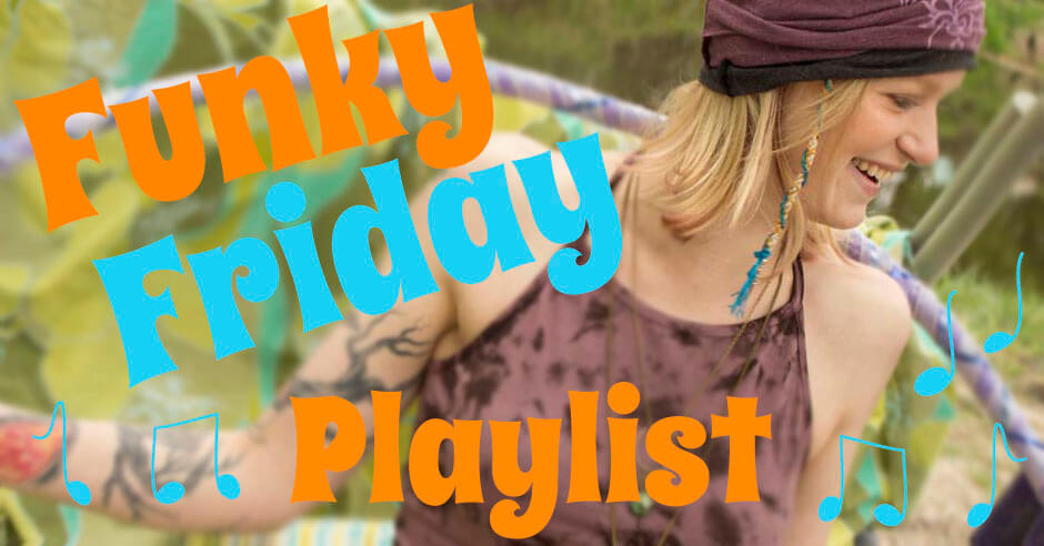 Smiling person with tattoos and a headscarf stands beside vibrant "Funky Friday Playlist" text, surrounded by blue musical notes, capturing the upbeat spirit of Funky Friday. Soul Flower Blog: Hippie Style & Kind Living