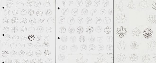 Three sheets of paper display numerous hand-drawn geometric sketches, mostly circular and botanical or floral in theme, arranged in organized design. Soul Flower Blog: Hippie Style & Kind Living