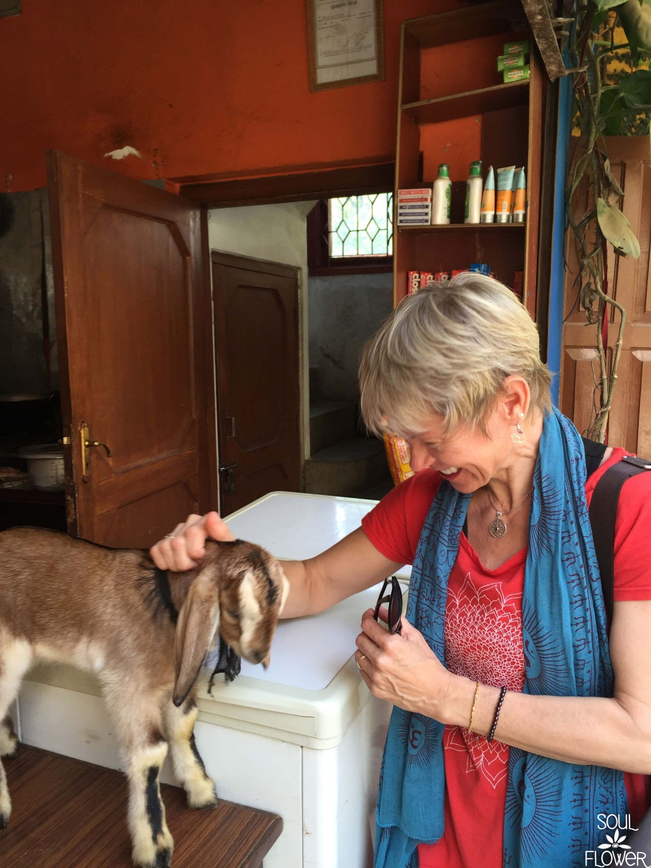 A woman with a boho vibe smiles while petting a young goat indoors, next to a white appliance, with shelves and an orange wall in the background. Soul Flower Blog: Hippie Style & Kind Living