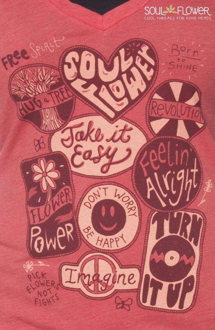 A red shirt with various hand-drawn graphics and phrases like Soul Flower, Take it Easy, Feelin Alright, Flower Power, and Turn It Up in earthy brown and cream tones for a laid-back boho vibe. Soul Flower Blog: Hippie