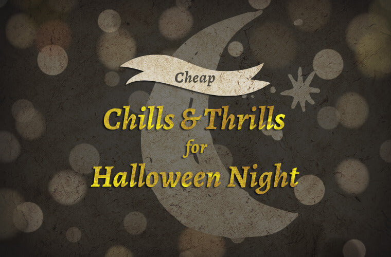 Text graphic with a moon and stars background, reading: DIY Halloween Night—Cheap Chills & Thrills for Halloween Night in yellow and white letters. Soul Flower Blog: Hippie Style & Kind Living