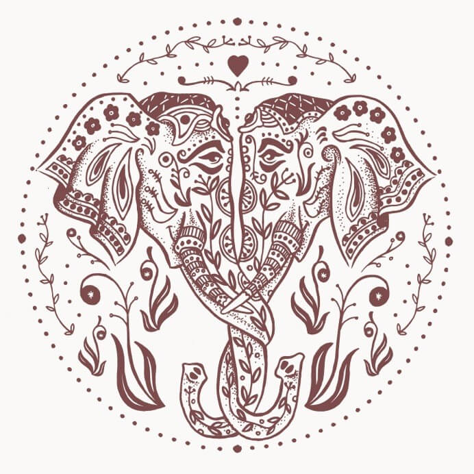 Two intricately decorated elephants face each other with intertwined trunks, surrounded by ornate floral and leafy patterns in a circular arrangement—perfect for a funky, eco-inspired hippie t-shirt design. Soul Flower Blog: Hippie Style & Kind Living