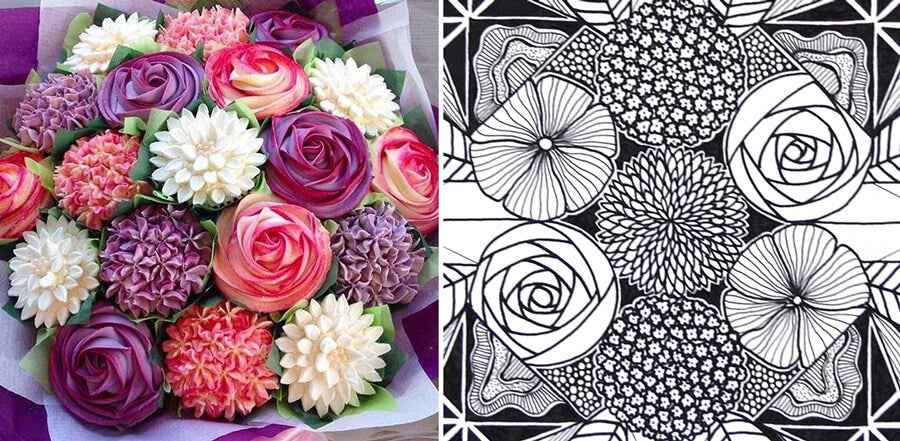A photo of a boho bouquet of flower-themed cupcakes beside a black and white geometric floral coloring page with similar patterns. Soul Flower Blog: Hippie Style & Kind Living