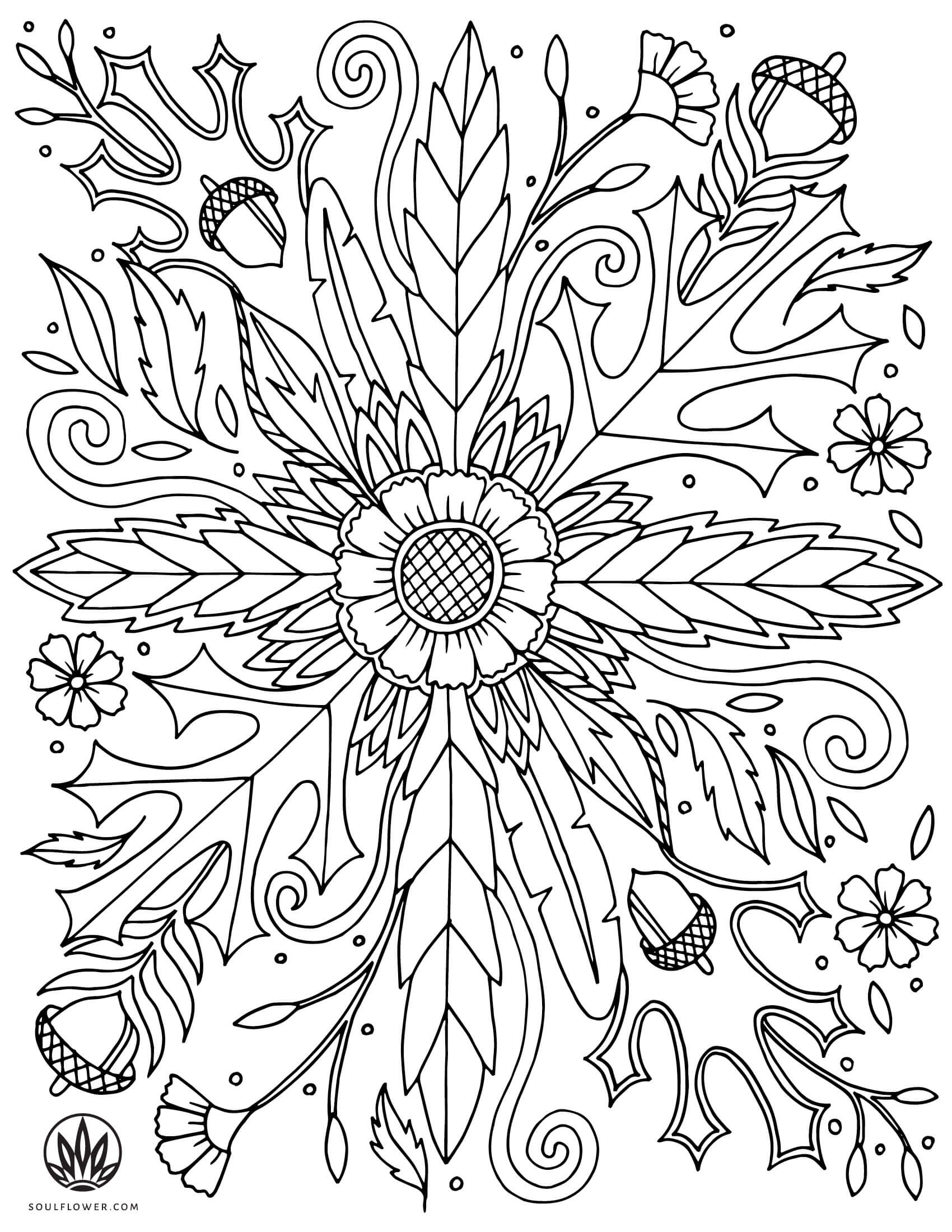 Black and white line art of a symmetrical floral mandala with leaves, acorns, swirls, and flowers radiating from a central flower design—an eco-inspired boho artwork perfect for free-spirited decor. Soul Flower Blog: Hippie Style & Kind Living