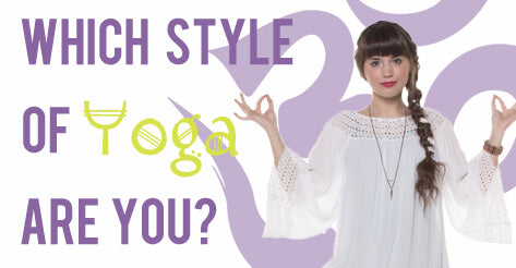 A woman in a white blouse poses with both hands in a meditation gesture. Text reads: Which eco or boho style of yoga are you? with a purple Om symbol in the background. Soul Flower Blog: Hippie Style & Kind Living
