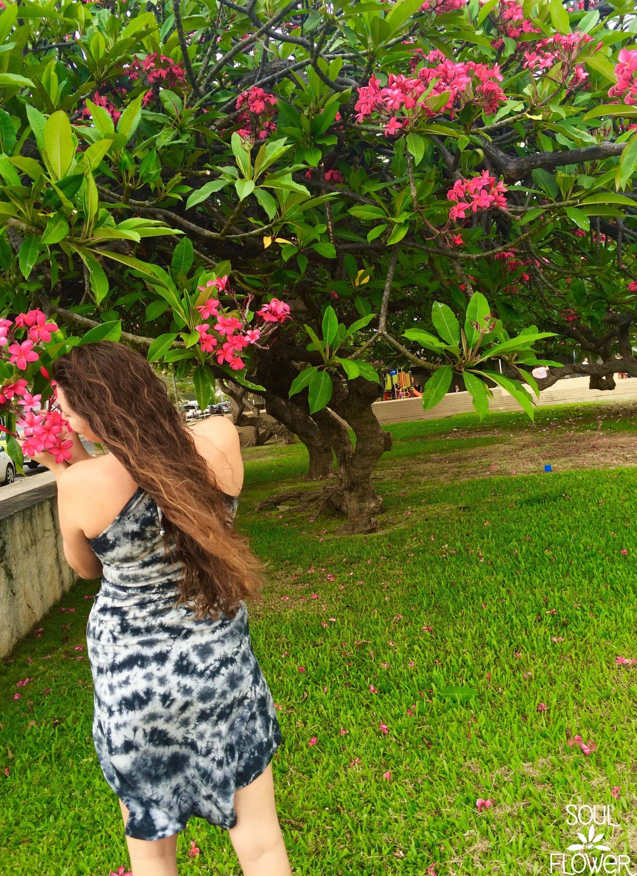 A person with long brown hair in a boho tie-dye dress stands on grass near a large tree with pink flowers. The SOUL FLOWER logo is visible in the bottom right corner. Soul Flower Blog: Hippie Style & Kind Living