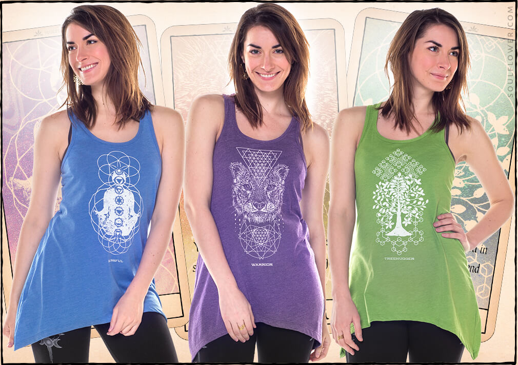 A woman models three sleeveless, boho-inspired asymmetrical tank tops in blue, purple, and green, each featuring unique geometric or animal-themed graphics, with tarot cards in the background. Soul Flower Blog: Hippie Style & Kind Living
