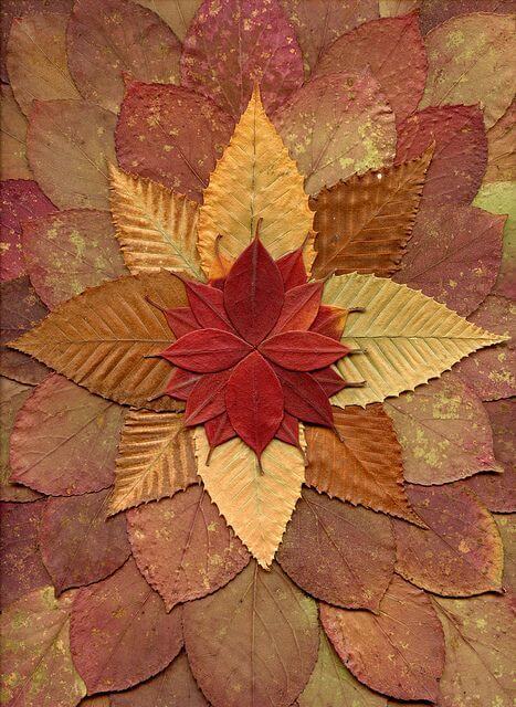 An arrangement of autumn leaves in various shades of red, brown, and yellow, layered in a symmetrical, flower-like pattern—one of the Top Pins October 2015. Soul Flower Blog: Hippie Style & Kind Living