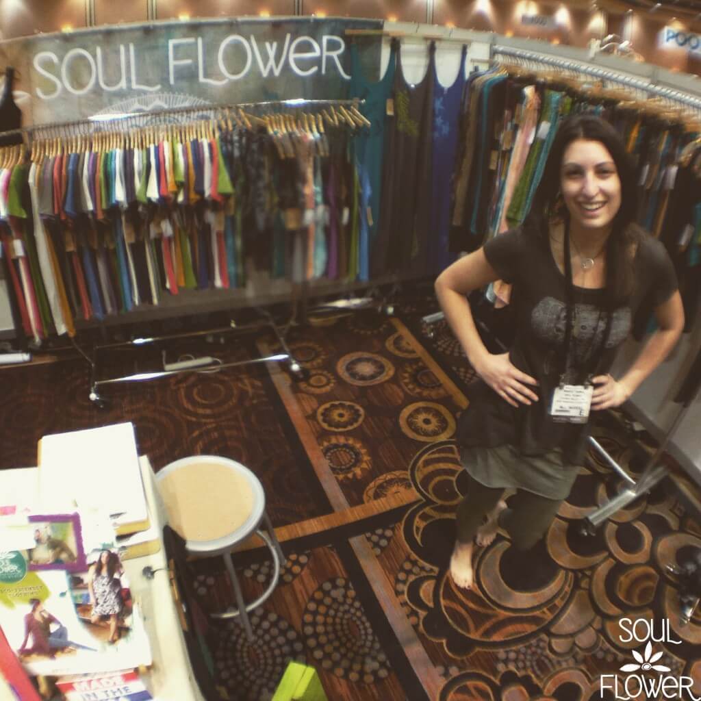 Soul Flower Tradeshow booth set up with clothing and gifts.