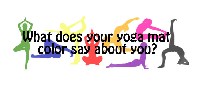 Silhouettes of people in various yoga poses in boho-inspired colors with the text, What does your yoga mat color say about you? across the center. Soul Flower Blog: Hippie Style & Kind Living
