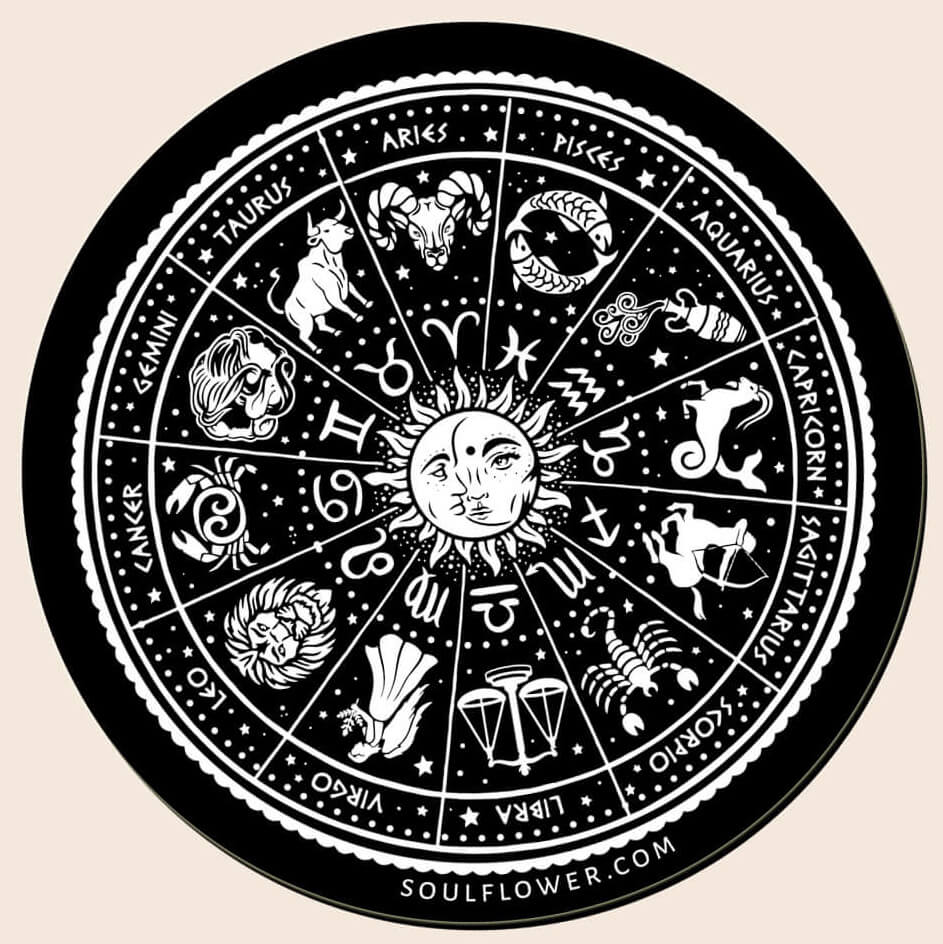 A black and white circular zodiac wheel featuring all twelve astrological signs, each with its symbol and illustration, with a sun and moon face at the center.