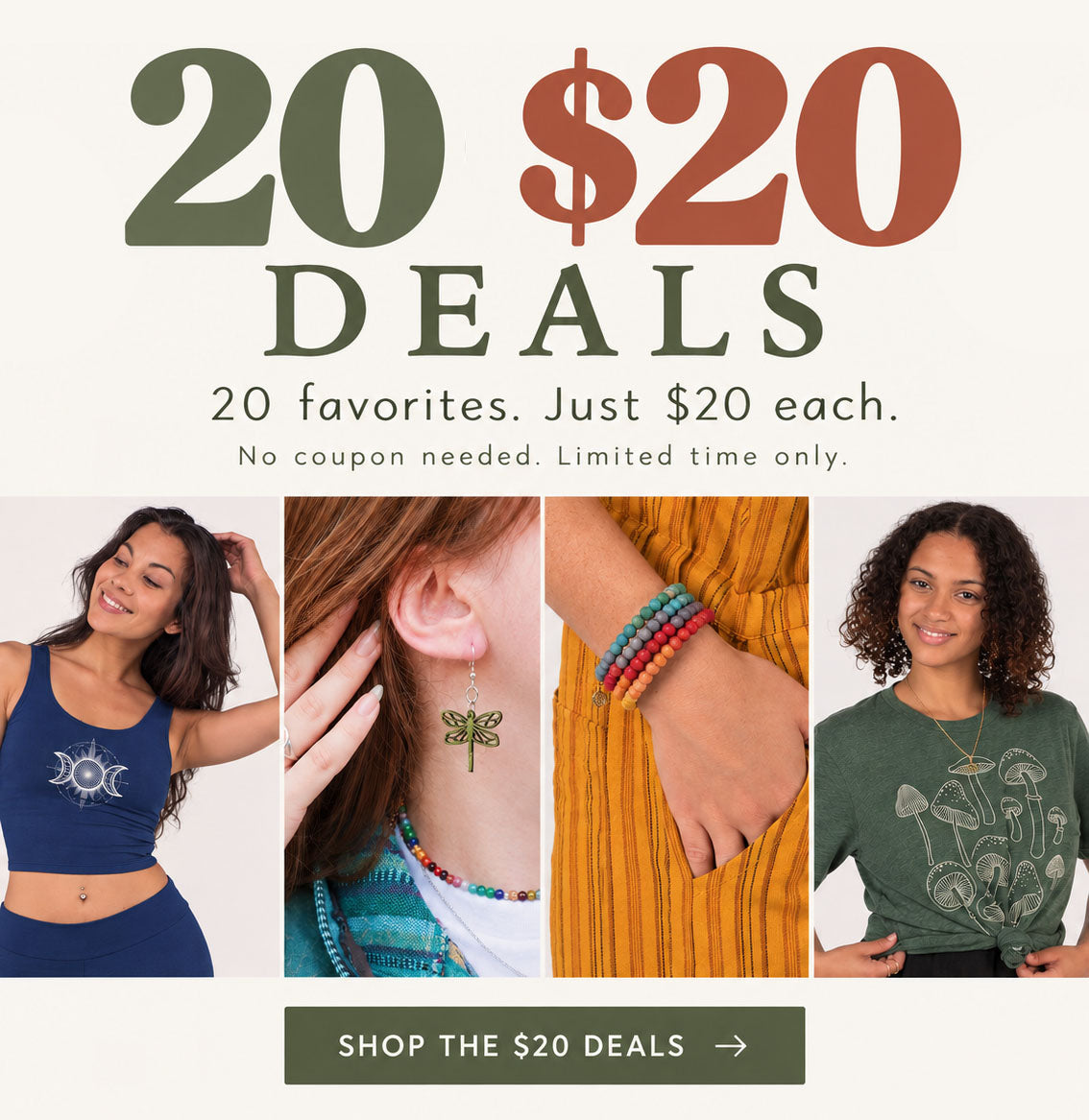 Promotional banner for '20 $20 DEALS' featuring four lifestyle photos of models wearing jewelry and apparel. The top text reads '20 $20 DEALS' with a coupon-free shopping offer, and a button at the bottom says 'SHOP THE $20 DEALS'.