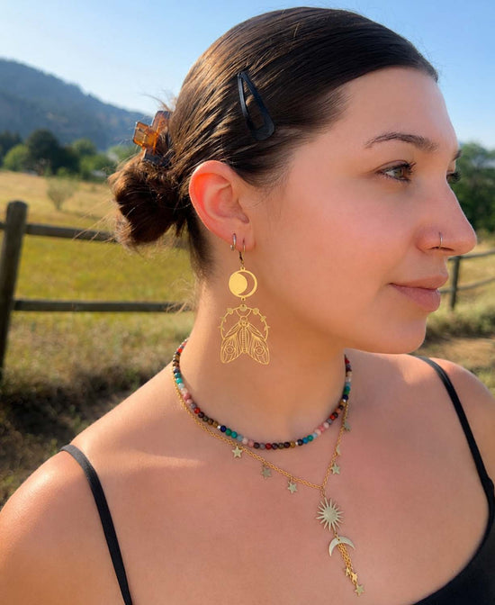 Moonphase Moth Earrings - Brass Moth Earrings | Boho Dangle Earrings | Soul Flower