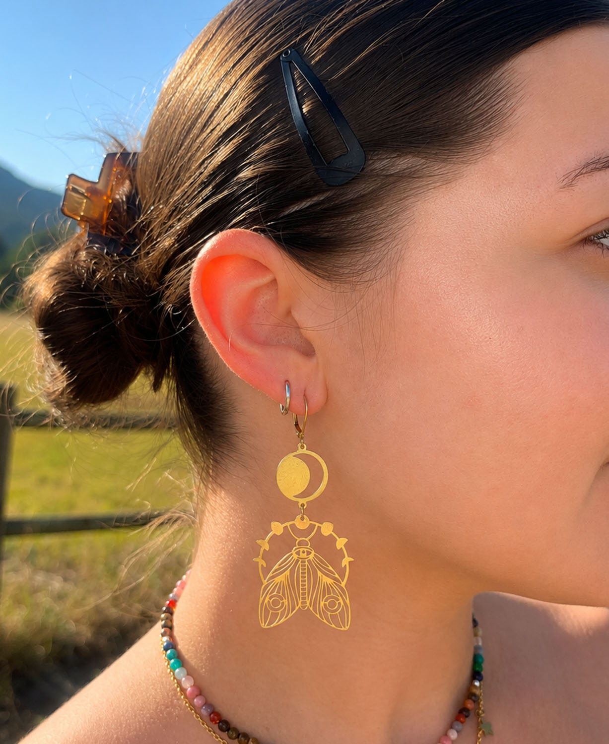 Moonphase Moth Earrings - Brass Moth Earrings | Boho Dangle Earrings | Soul Flower